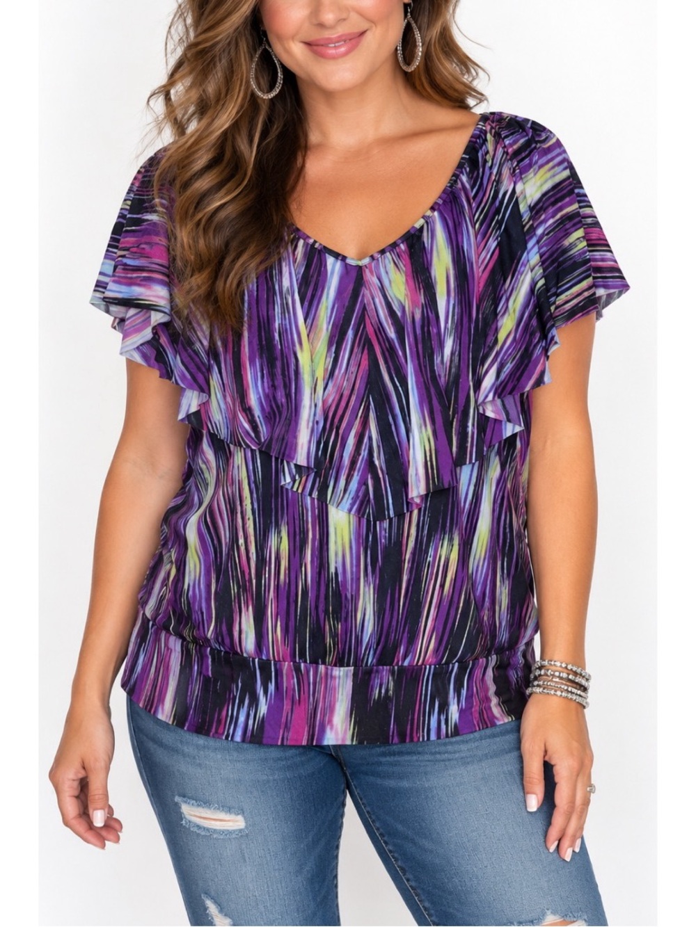 Style & Co Purple Abstract Print Ruffle Blouse, size small